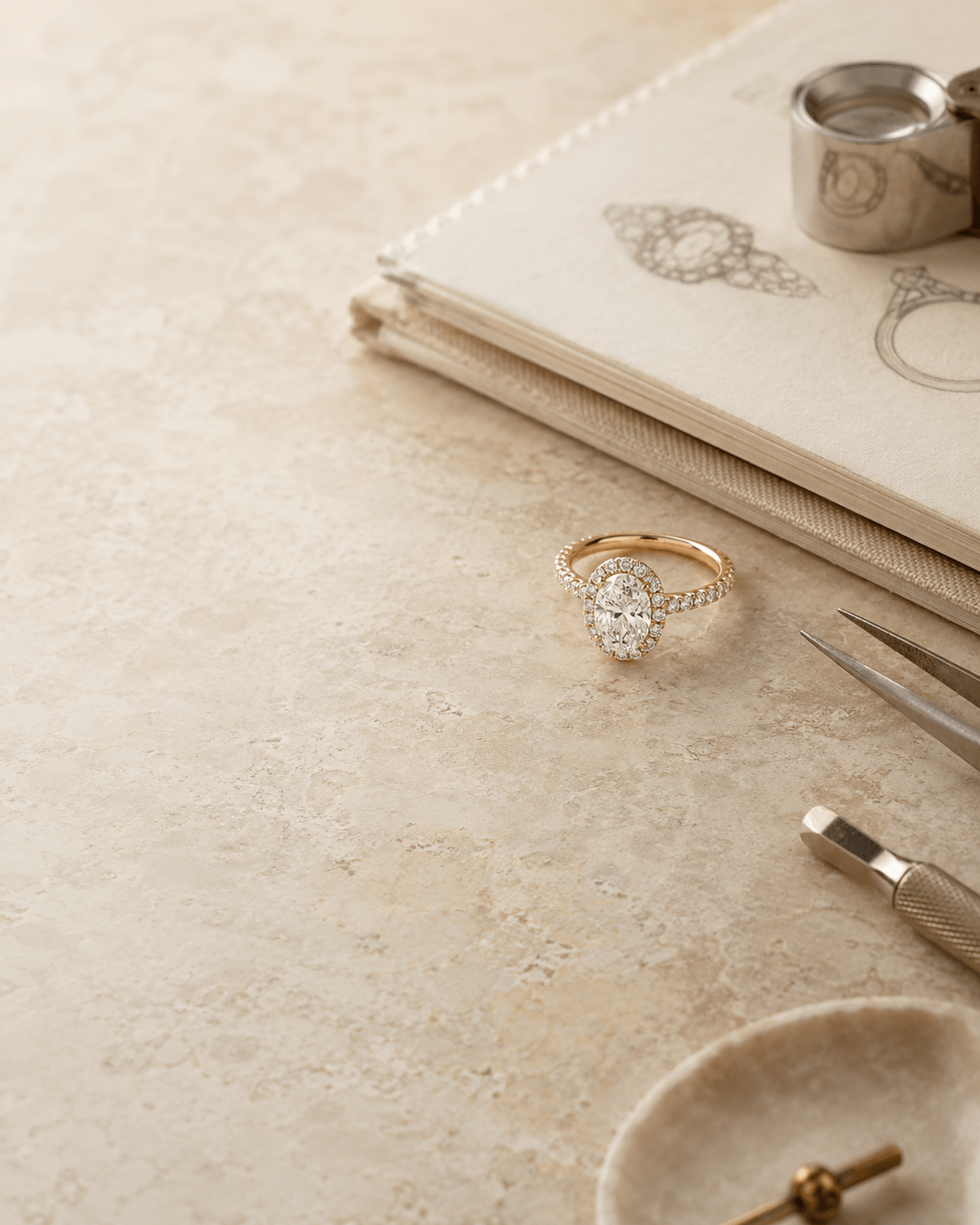 Engagement ring with design sketches and jeweler's tools on a warm stone surface