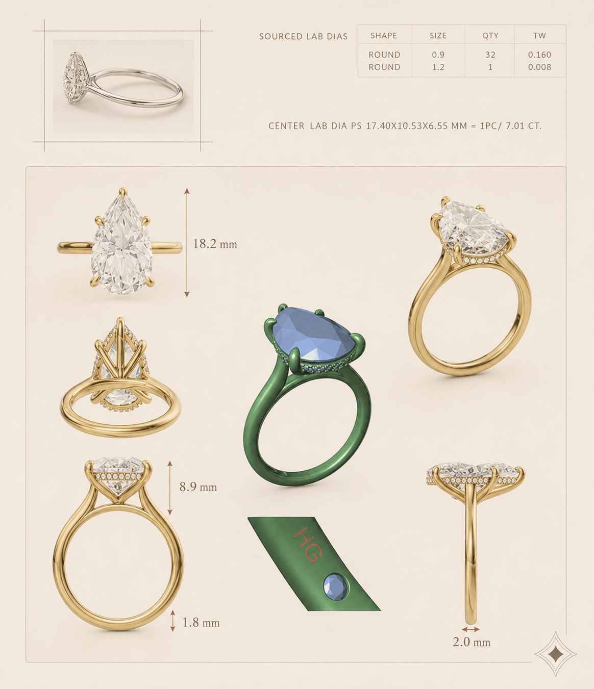 Custom pear engagement ring design board with technical views and measurements