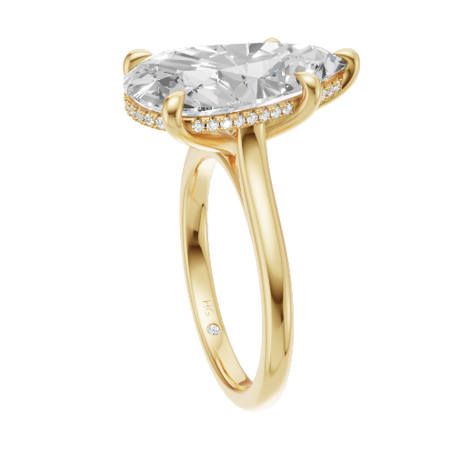 Three-dimensional pear engagement ring CAD rendering in yellow gold