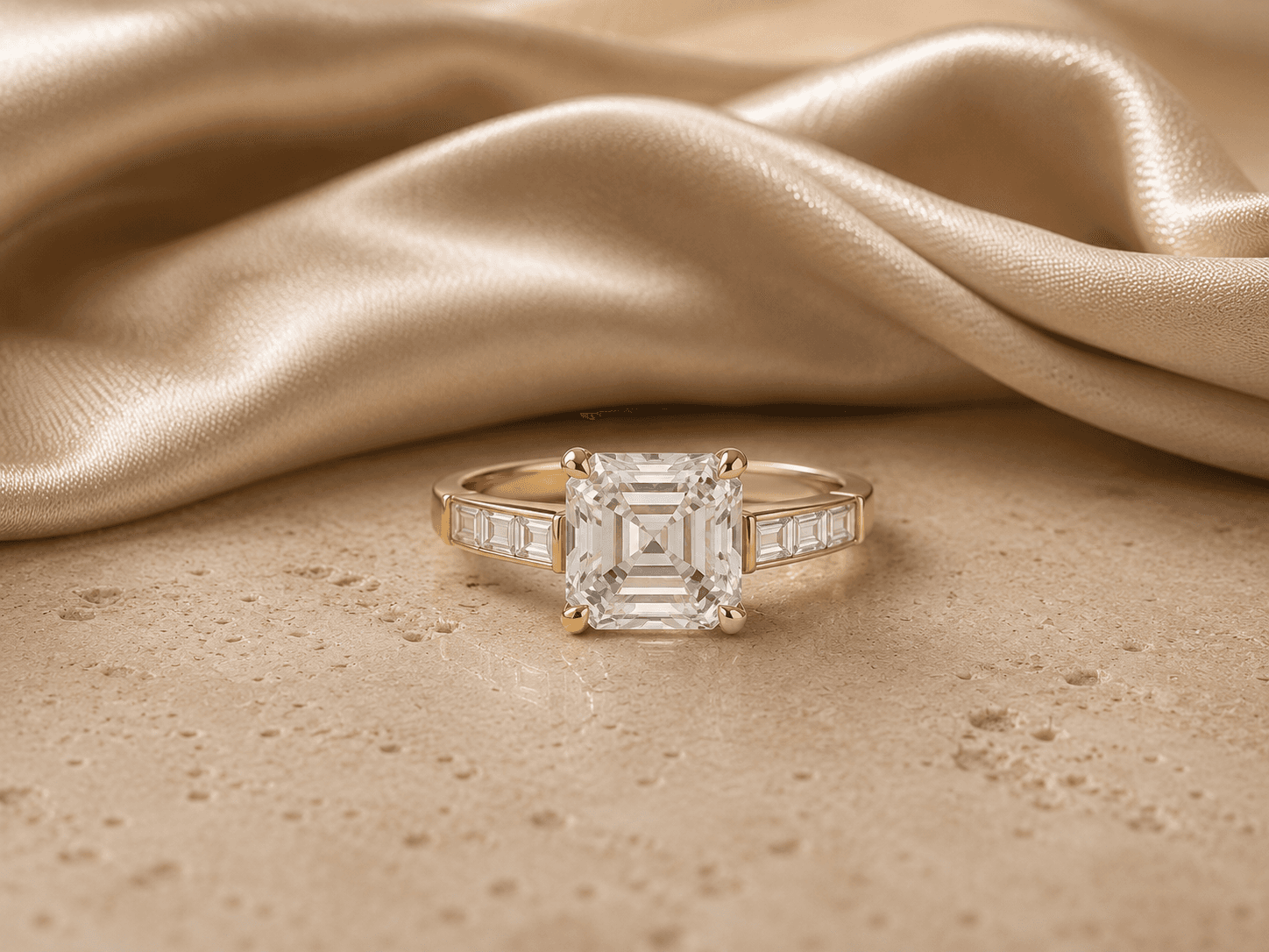 Asscher cut diamond engagement ring in a modern yellow gold setting on a warm neutral surface