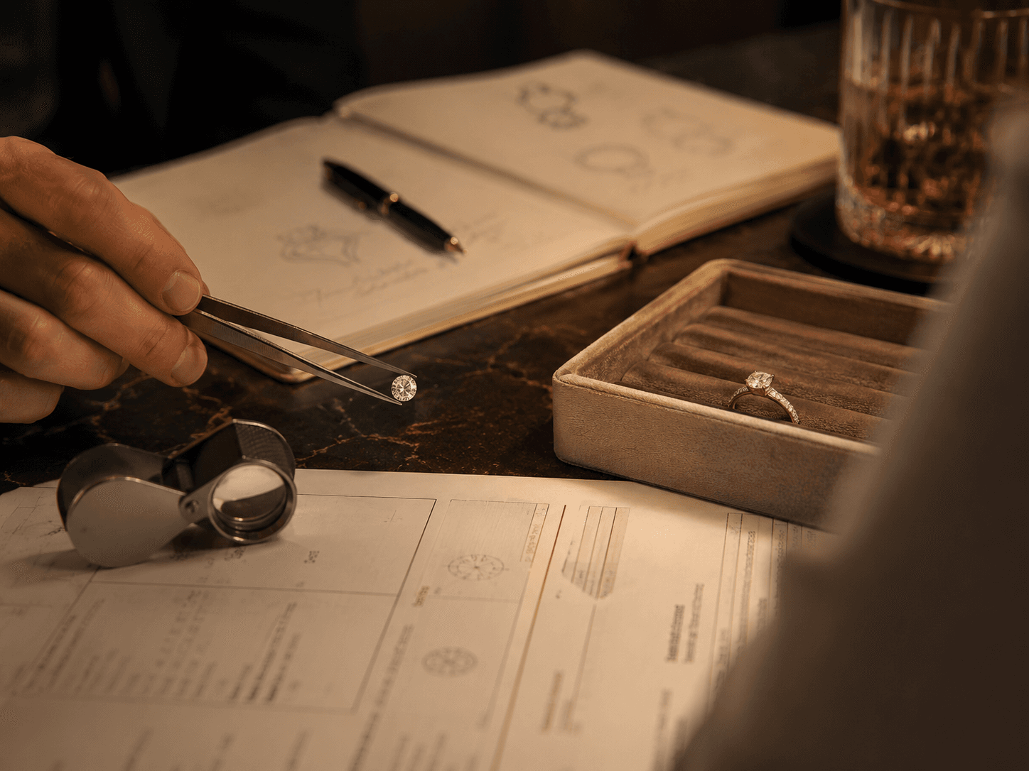 Diamond consultation table with a loupe, report, tweezers, and engagement ring