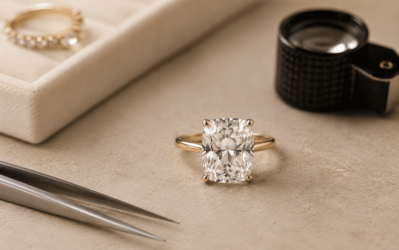 Cushion cut diamond engagement ring on a warm neutral jeweler workspace