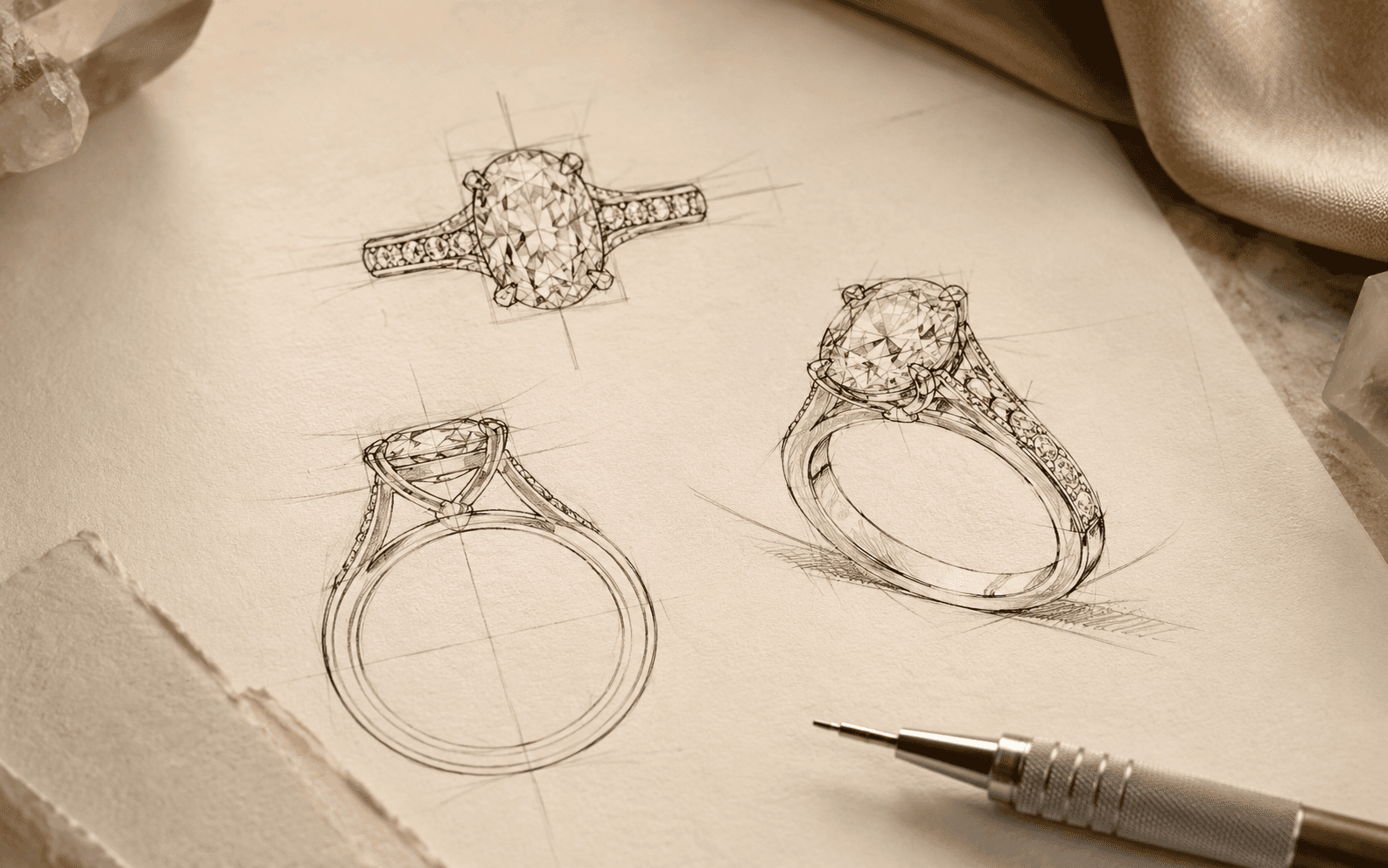 Hand drawn engagement ring design sketches on warm ivory paper with a jeweler pencil