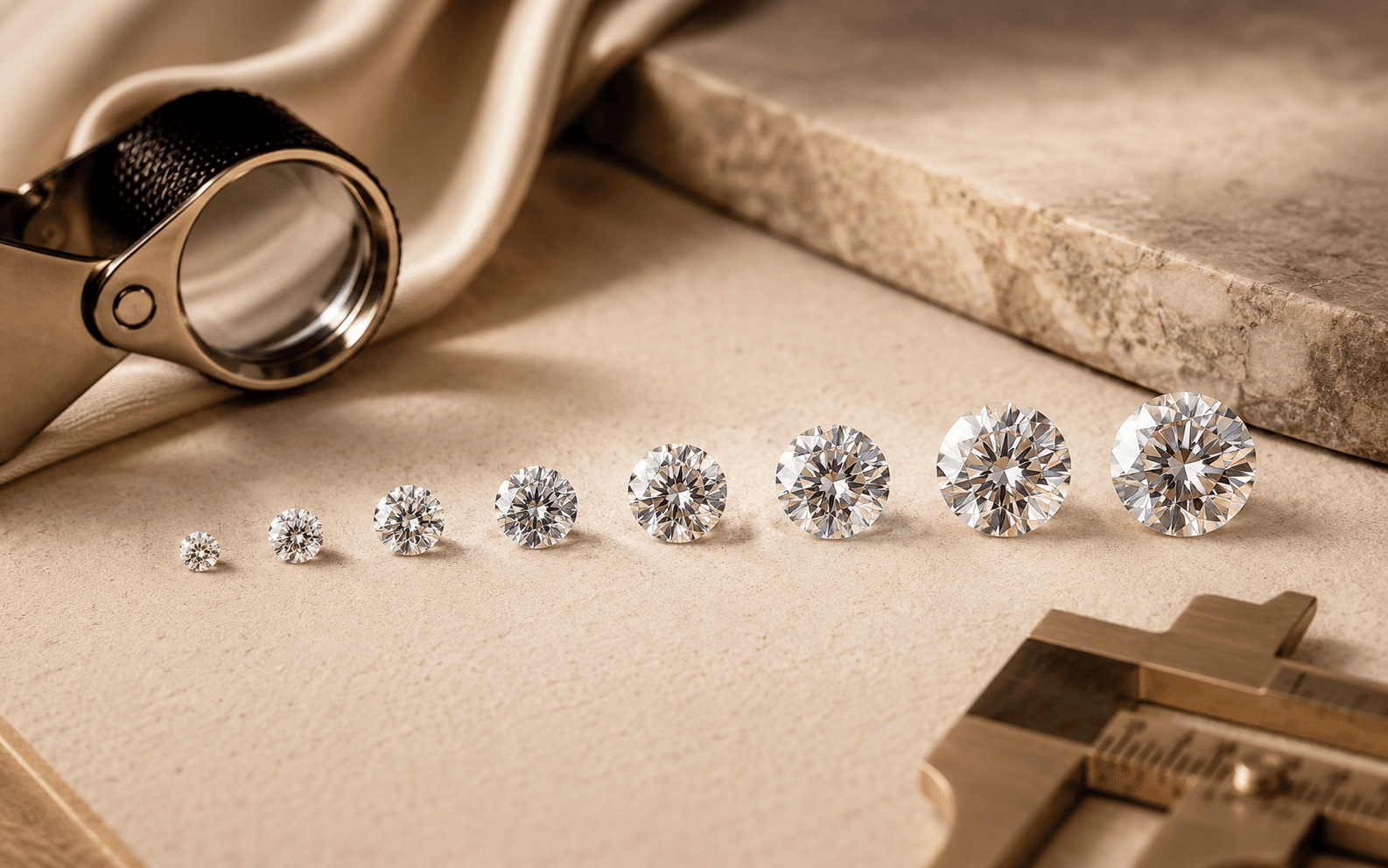 Graduated row of round diamonds showing carat size differences on a warm neutral jeweler surface