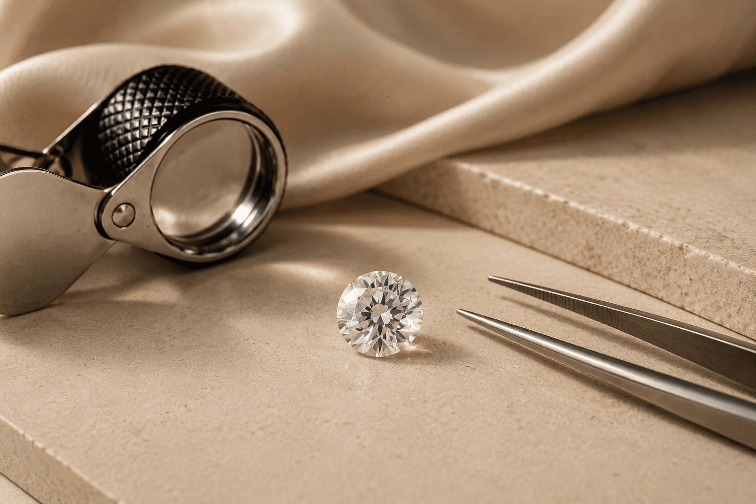A loose diamond beside inspection tools on a warm stone surface, representing diamond clarity evaluation.