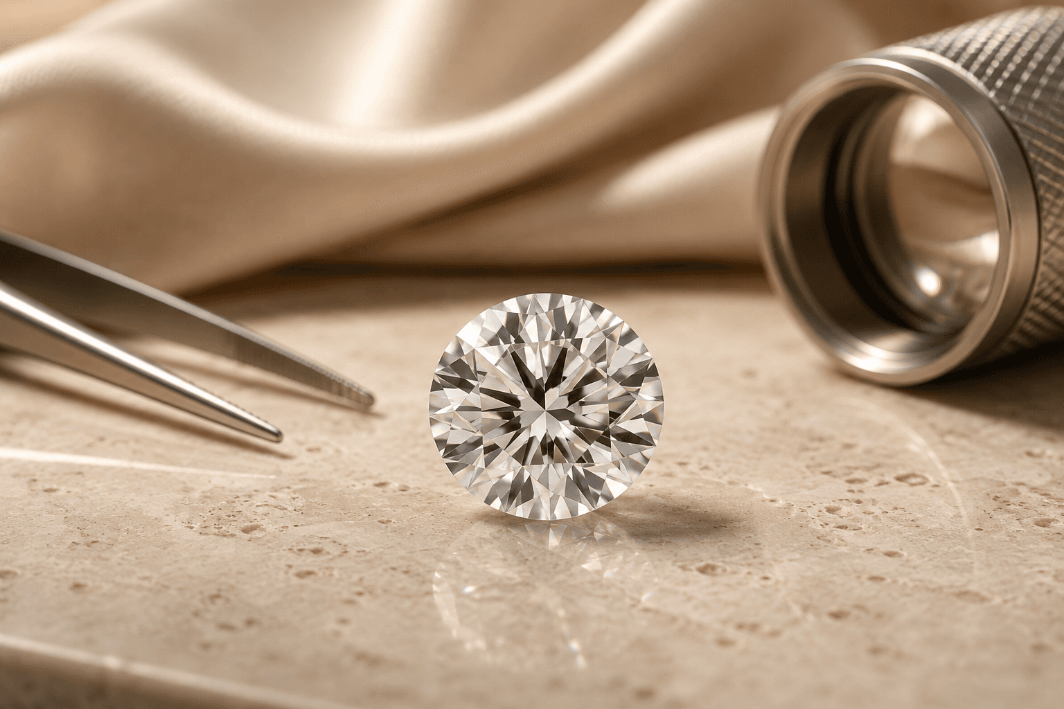 A round brilliant diamond beside gem inspection tools on a warm stone surface, representing diamond cut and light performance evaluation.