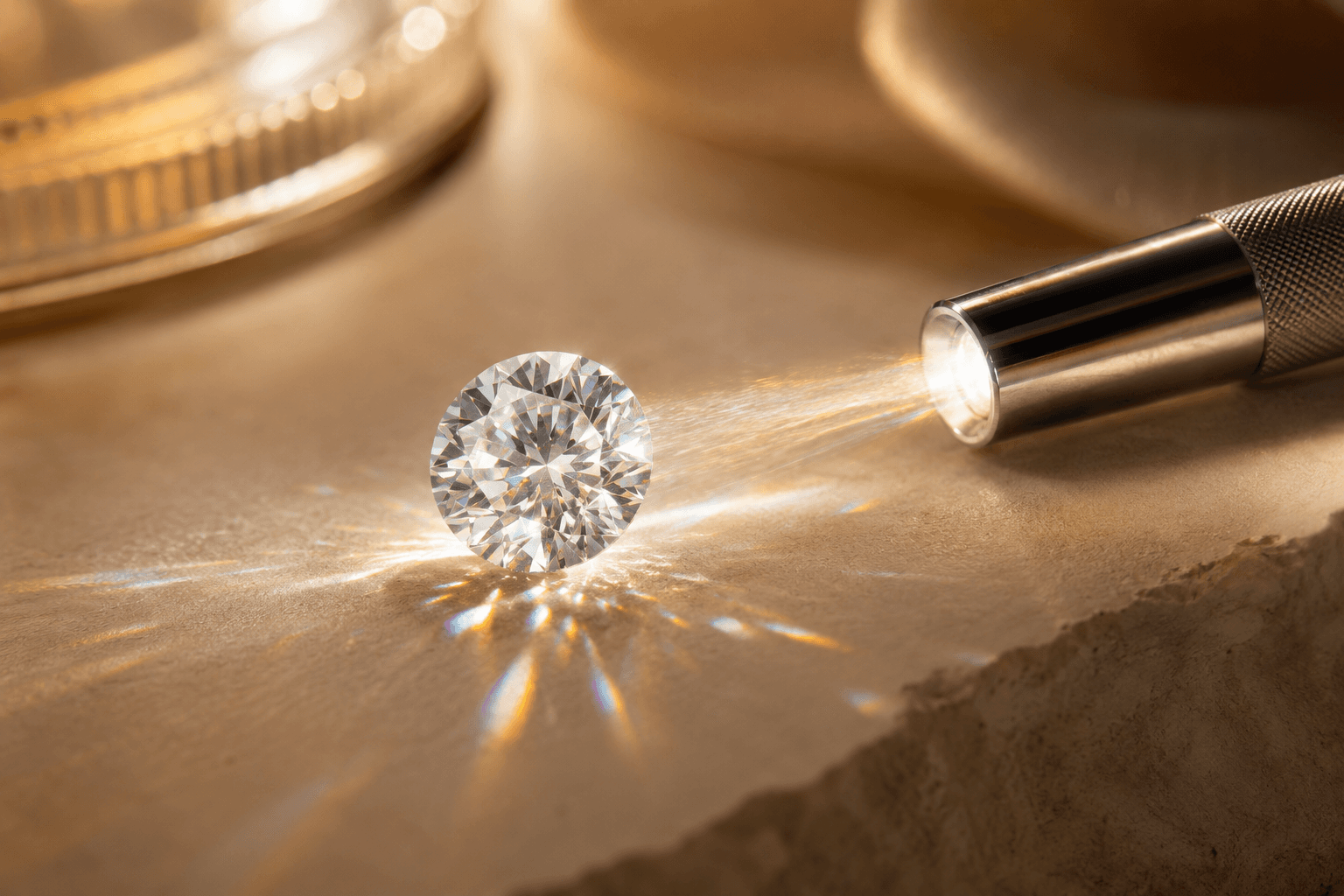 Round diamond illuminated by a penlight with refracted light on a warm neutral surface