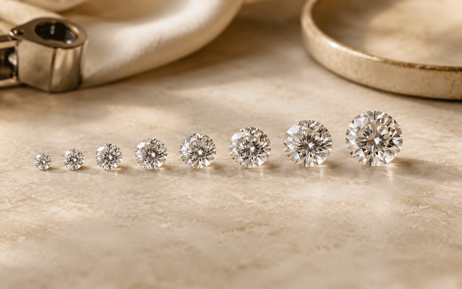 Graduated round diamonds arranged by size on a warm neutral jeweler surface