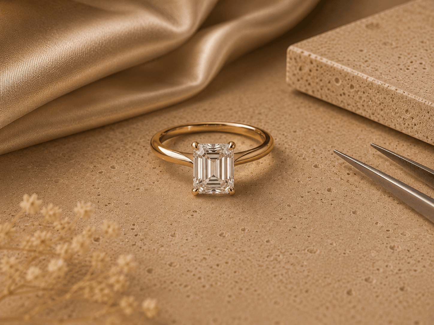 Emerald cut diamond engagement ring in a yellow gold solitaire setting on a warm neutral surface
