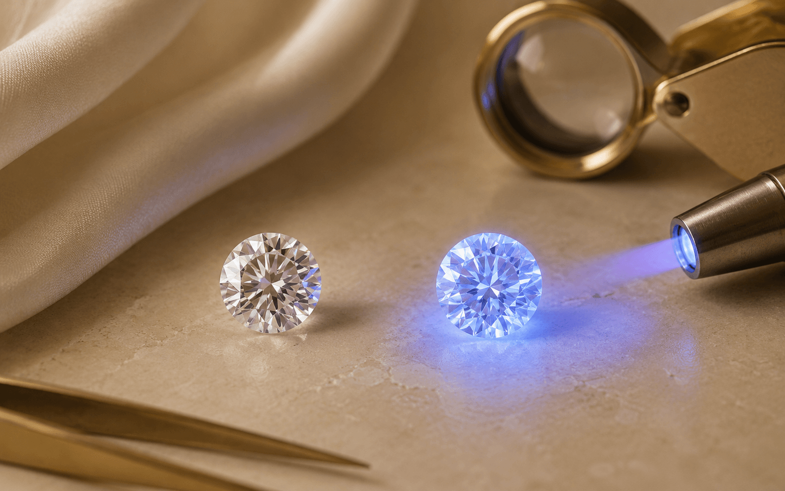 Two loose diamonds under controlled jeweler lighting, representing fluorescence comparison in natural and lab grown diamonds