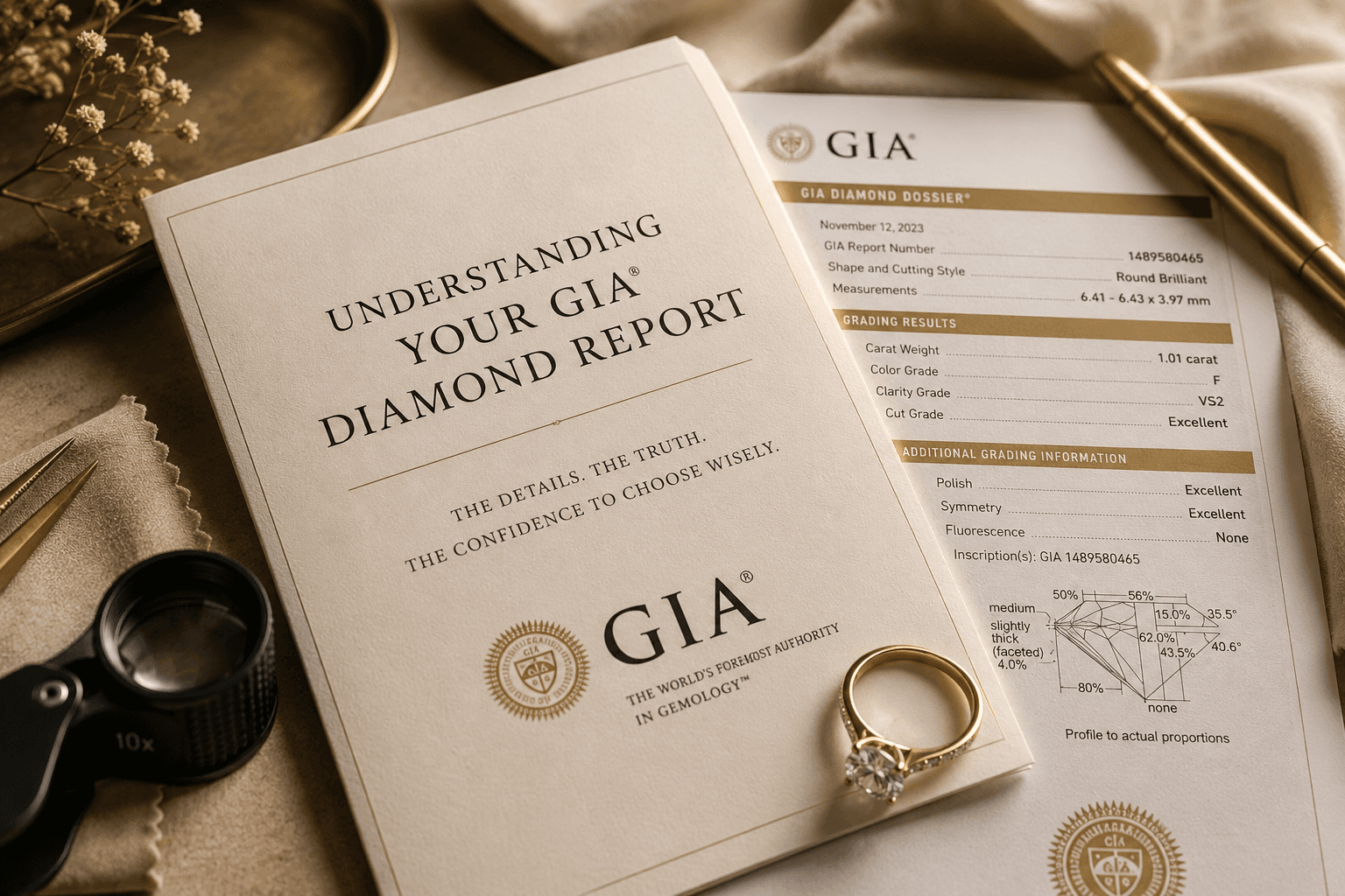 Diamond grading report with jeweler tools and an engagement ring on a warm luxury workspace