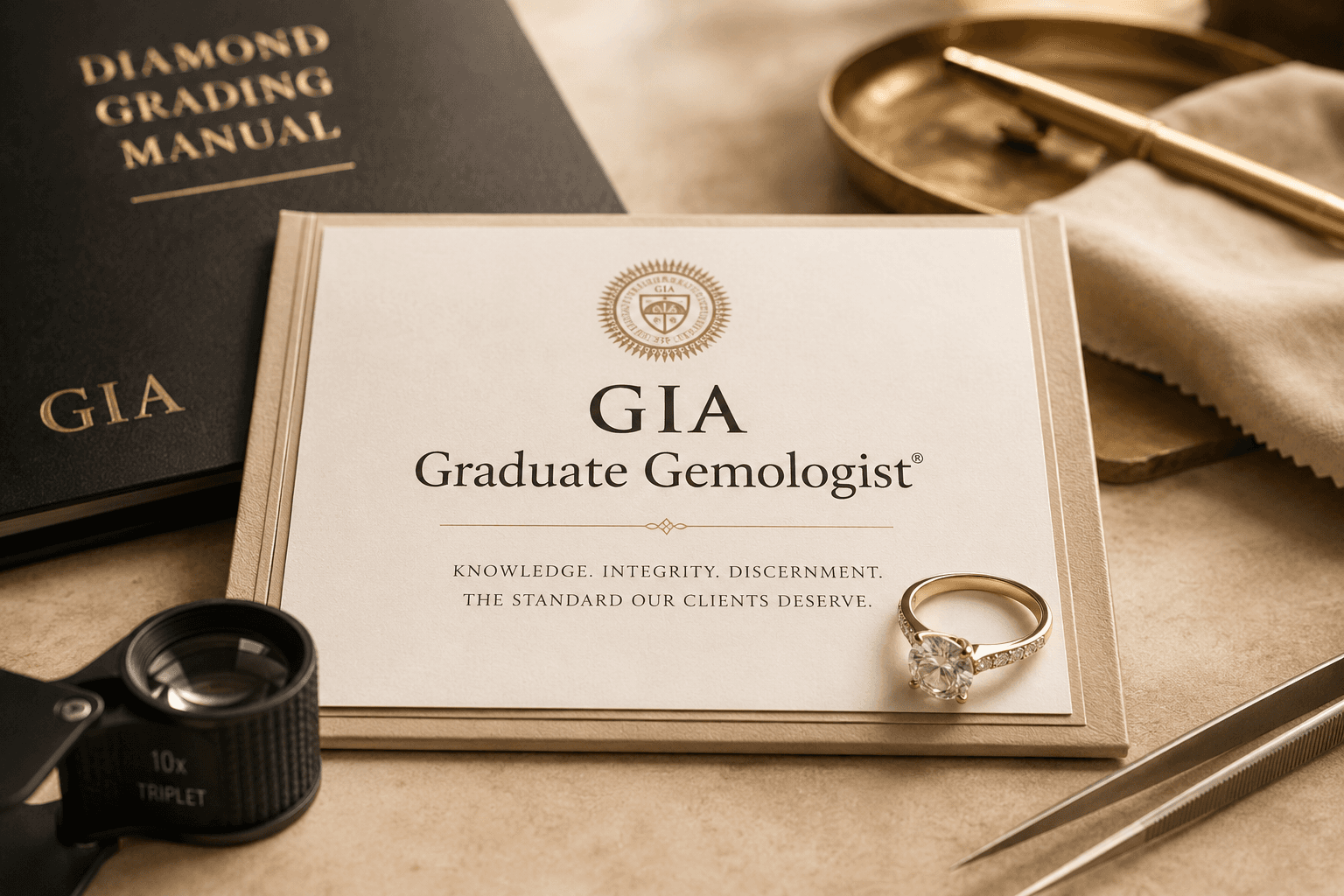 Graduate gemologist appraisal notes beside a diamond ring, loupe, tweezers, and jeweler tools