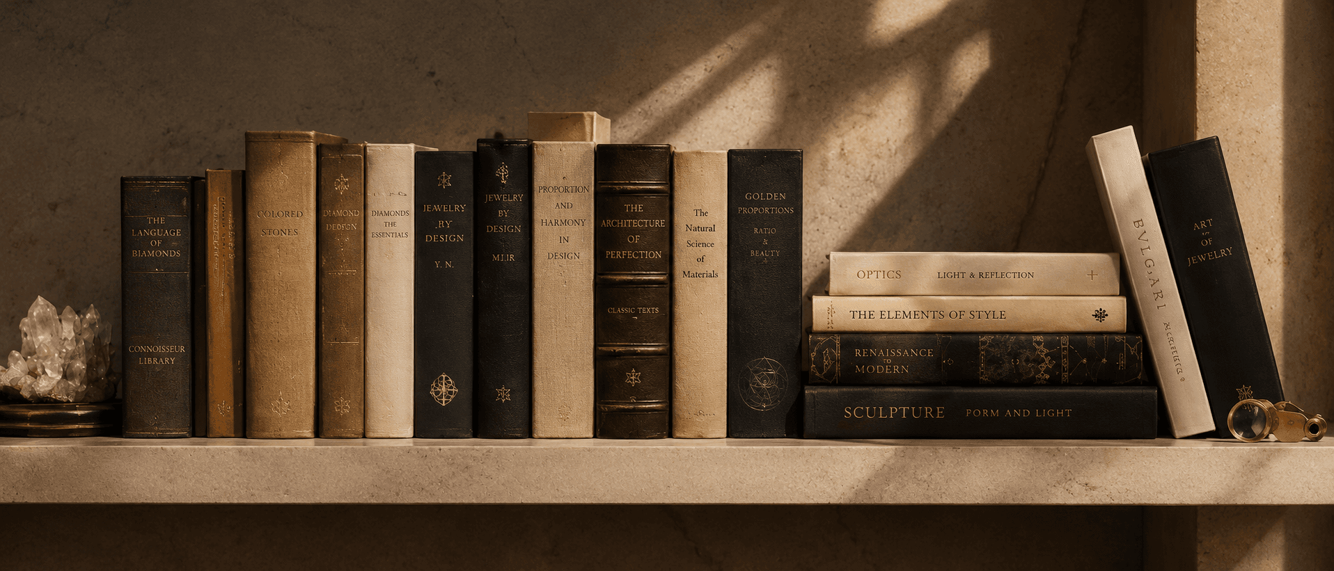 A curated library of books on diamonds, gemstones, jewelry, optics, proportion, and design
