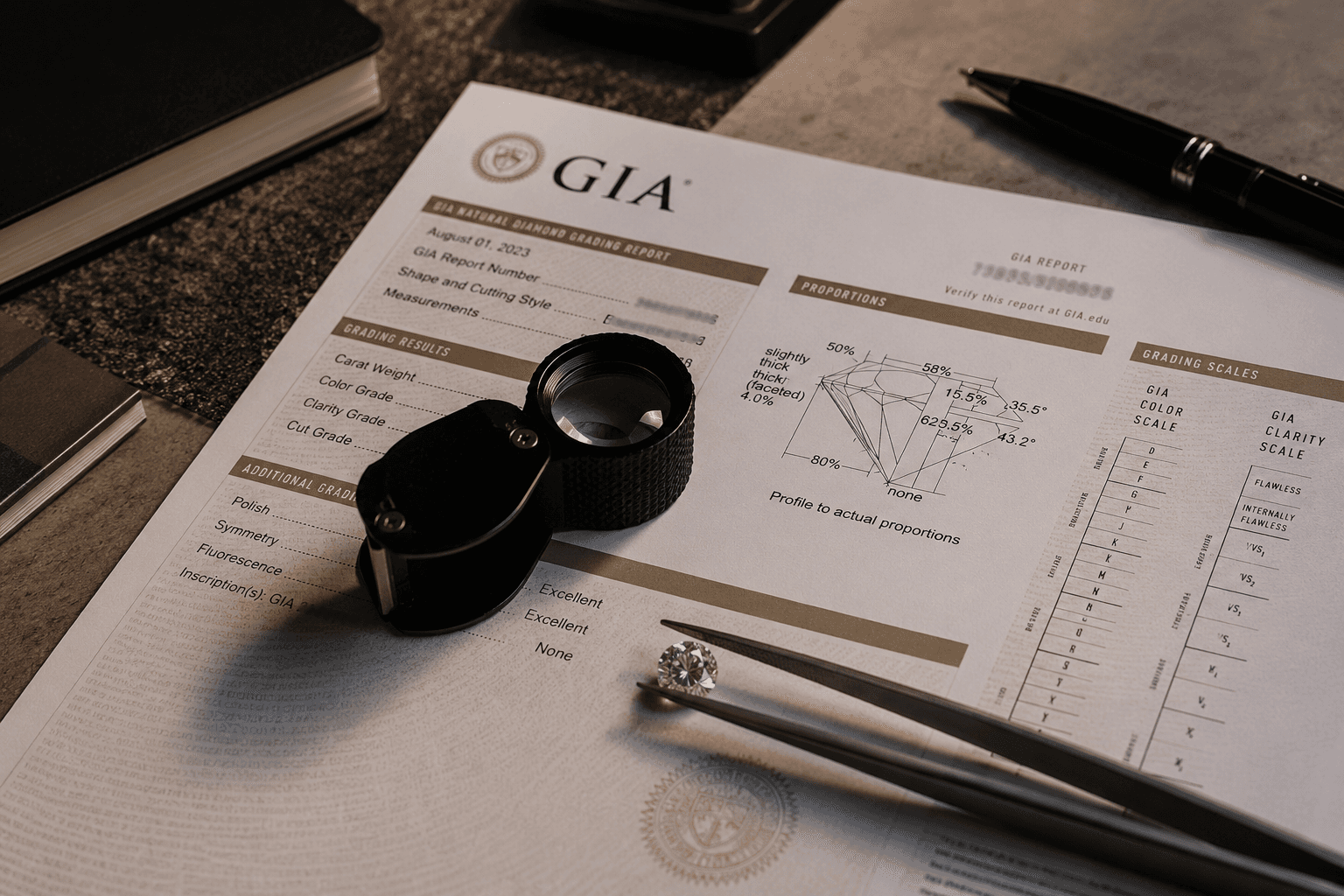Diamond grading report with loupe, tweezers, and loose round diamond