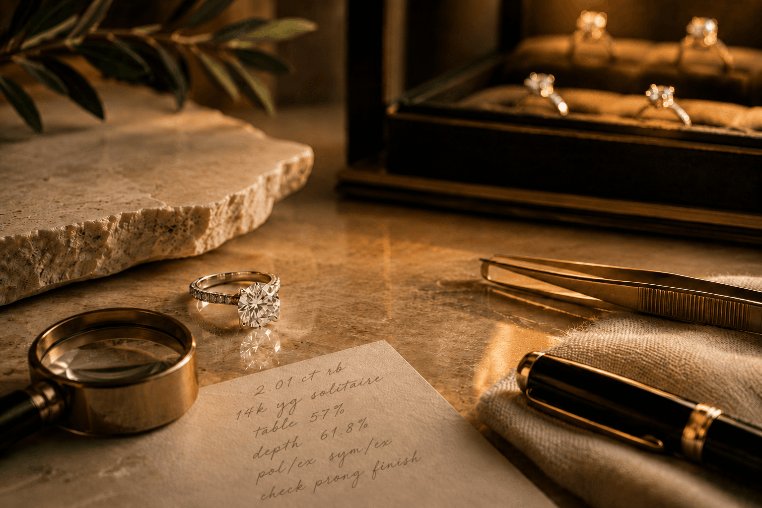 Private diamond advisor workspace with engagement ring, loupe, tweezers, and softly blurred jewelry case
