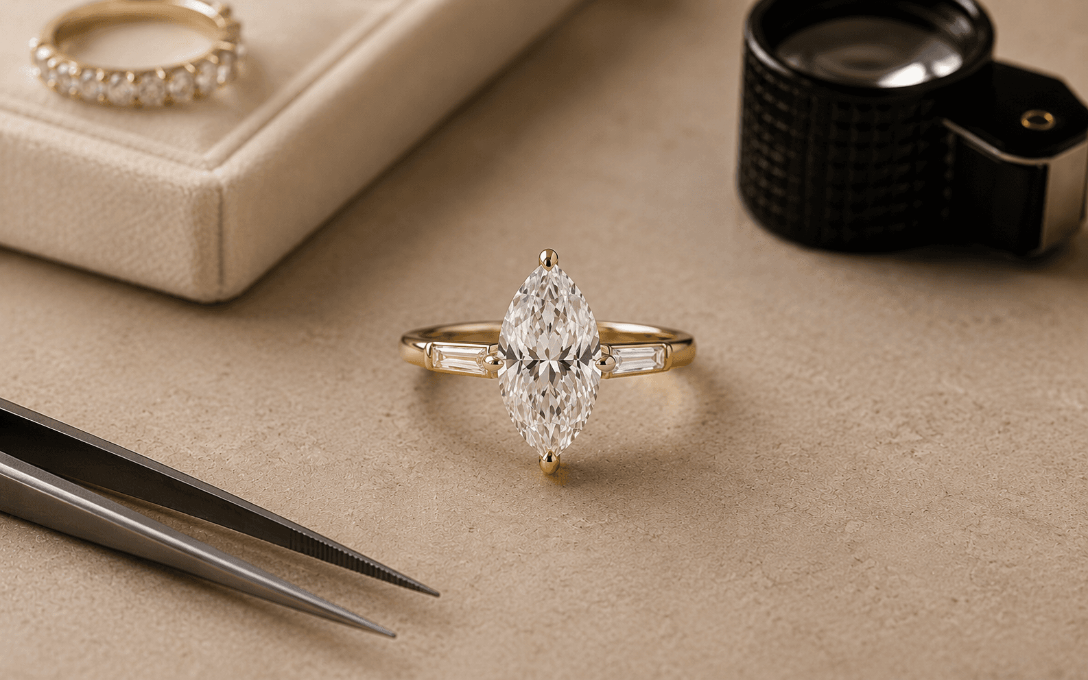 Marquise diamond engagement ring with classic side stones on a warm neutral jeweler surface