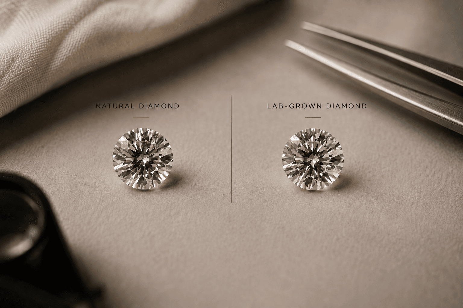 Natural diamond and lab-grown diamond comparison on a neutral fabric surface