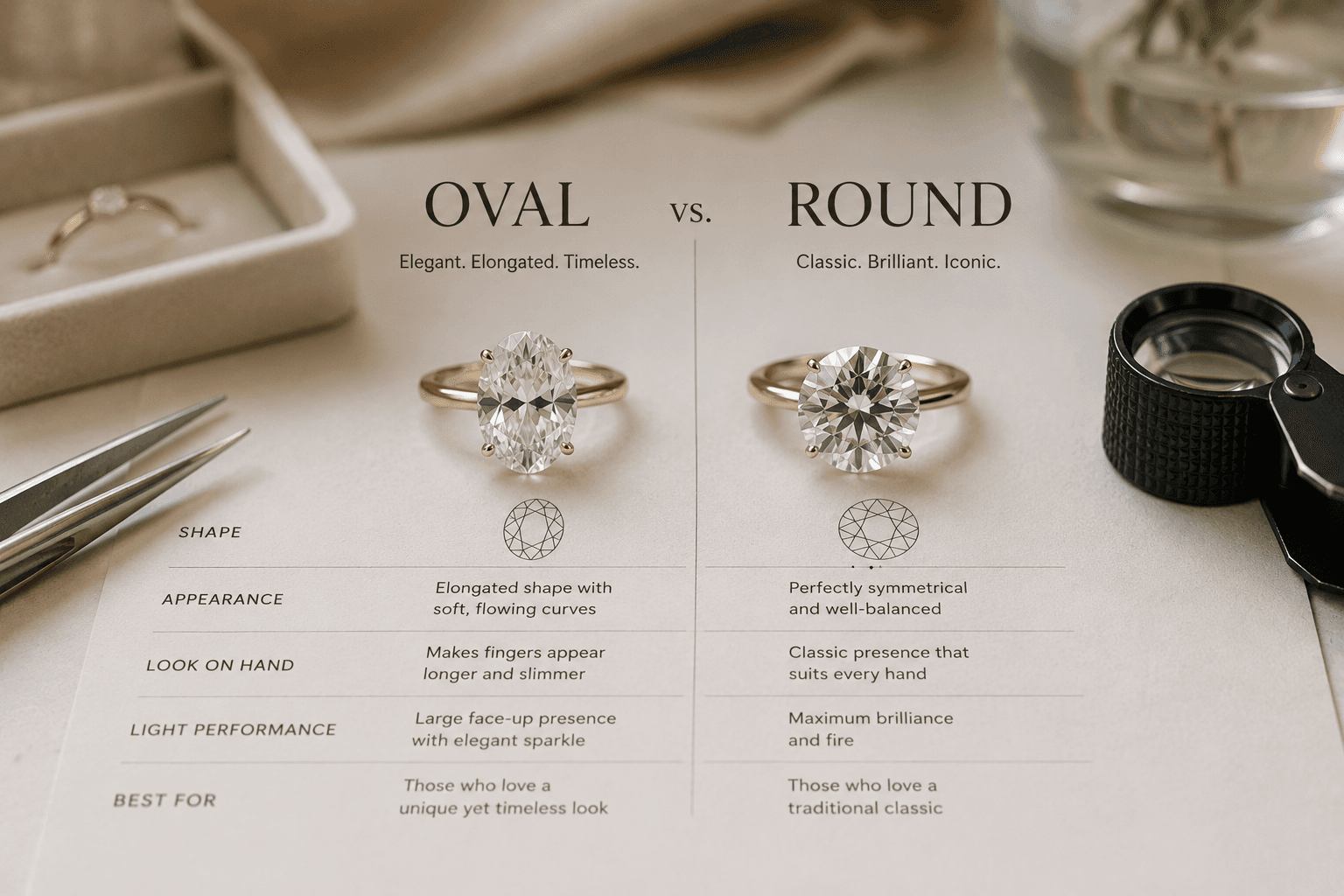 Oval and round diamond ring comparison on a warm neutral consultation surface