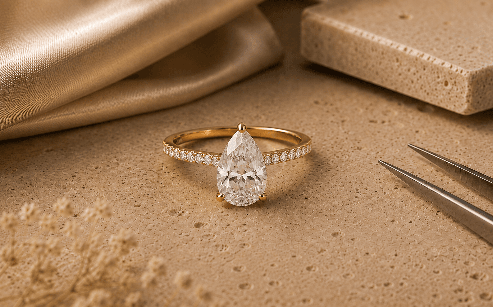 Pear shaped diamond engagement ring with diamond melee on a yellow gold mounting