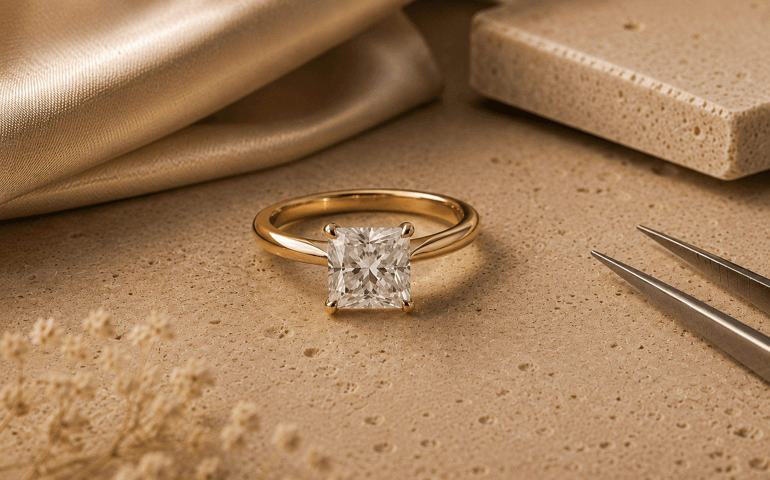 Princess cut diamond engagement ring in a yellow gold solitaire setting on a warm neutral surface