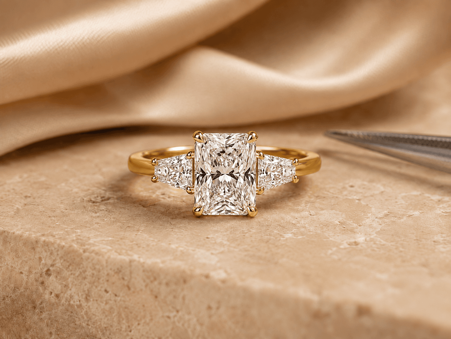 Radiant cut diamond engagement ring with brilliant trapezoid side stones on a warm neutral surface
