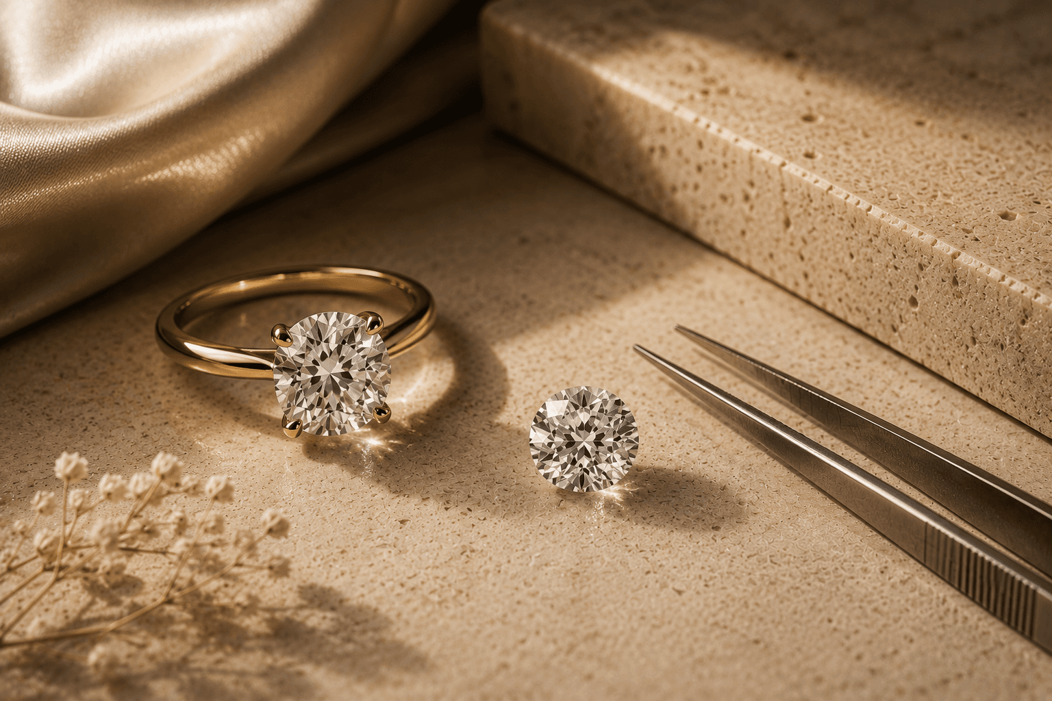 Round brilliant diamond engagement ring in a yellow gold solitaire setting on a warm neutral surface