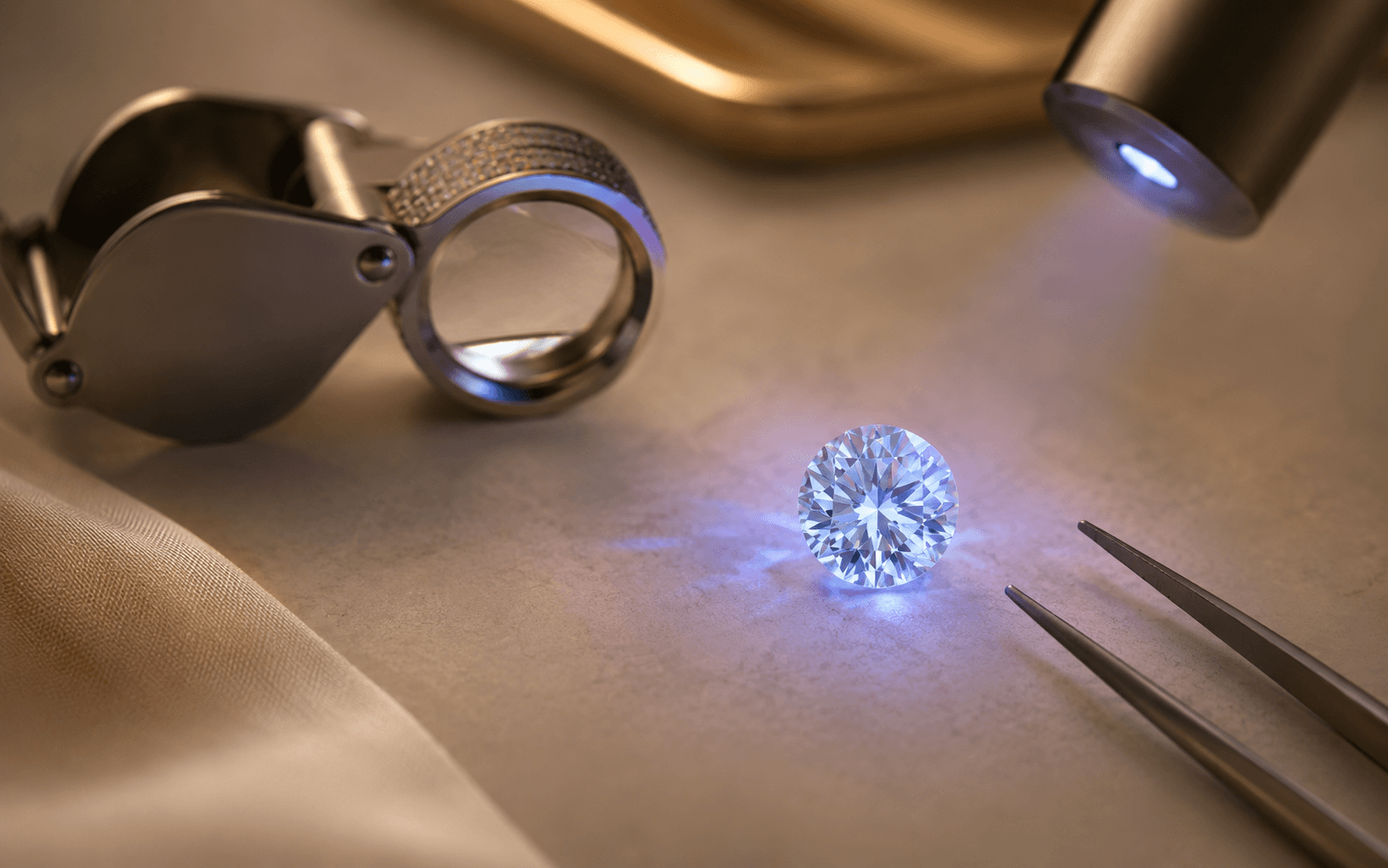 Round diamond glowing under ultraviolet light on a warm luxury jeweler surface with loupe and tweezers