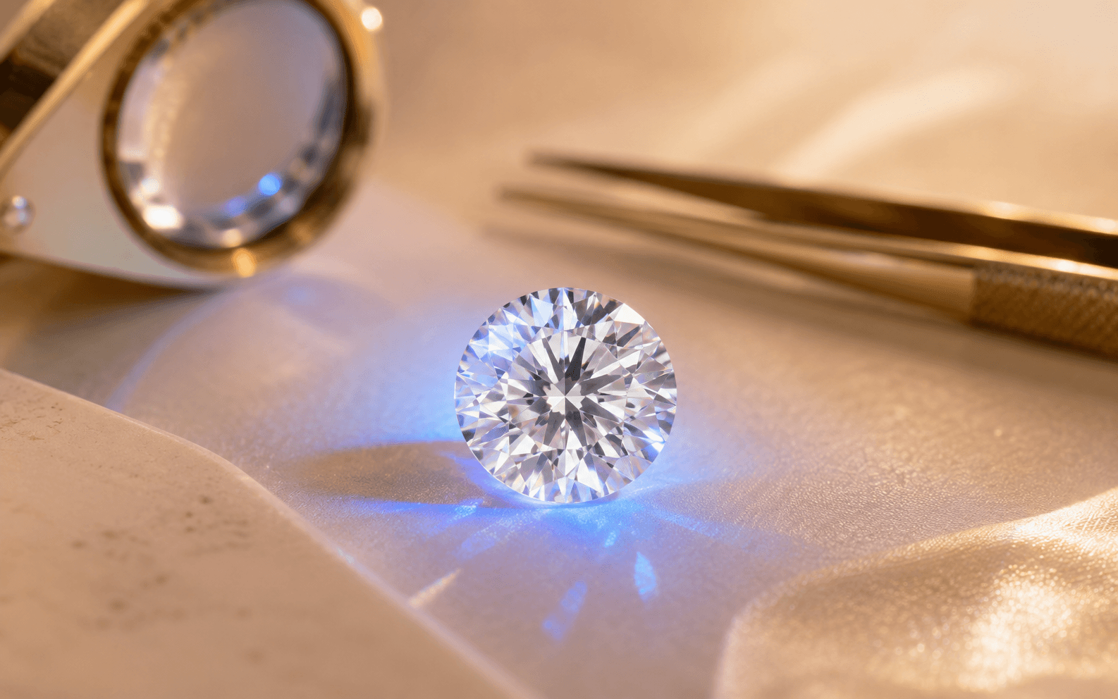 Diamond viewed under soft ultraviolet light on a warm jeweler workspace, suggesting when fluorescence can improve appearance