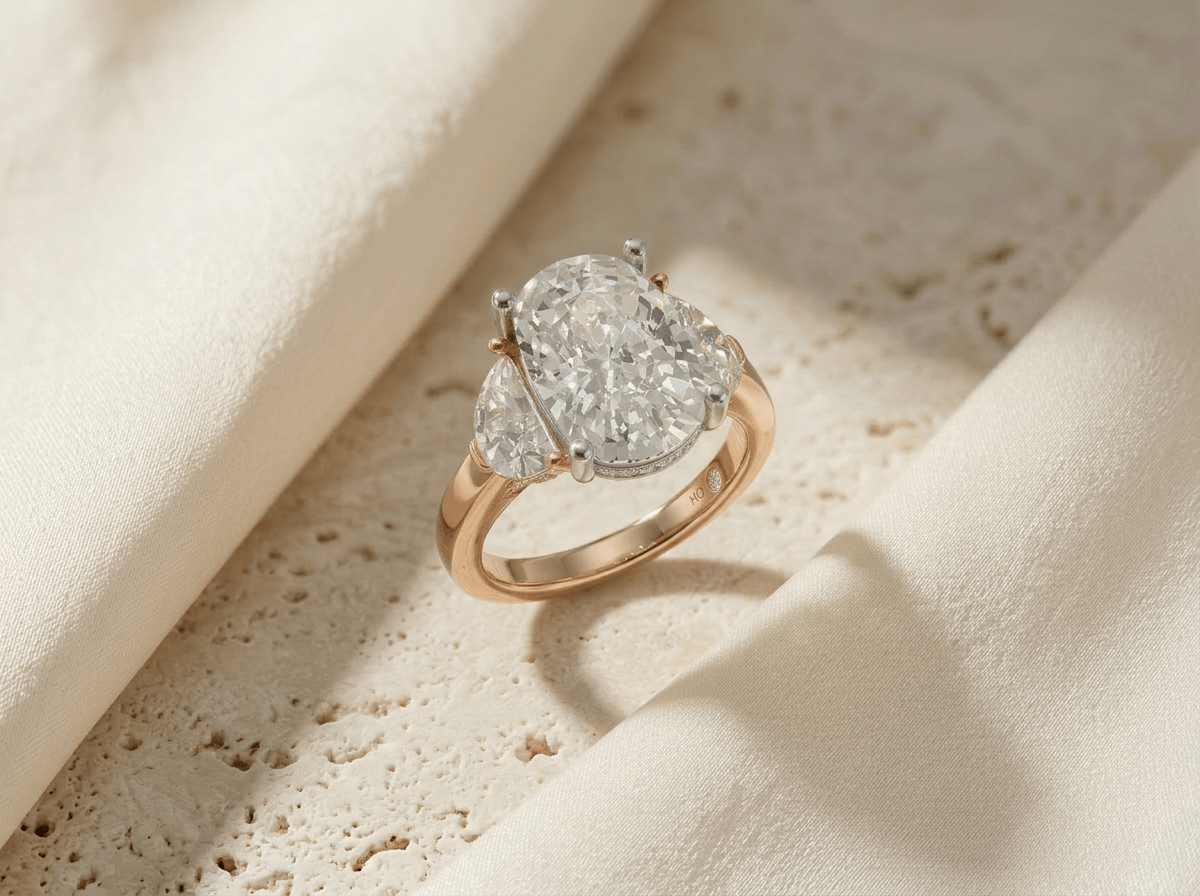 Three-stone oval engagement ring with half-moon side diamonds on stone and silk